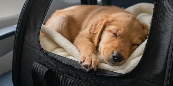 Golden retriever puppy sleeping peacefully in a black pet carrier on an airplane seat.