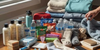 Assortment of self-care and hygiene items with blankets and a teddy bear.