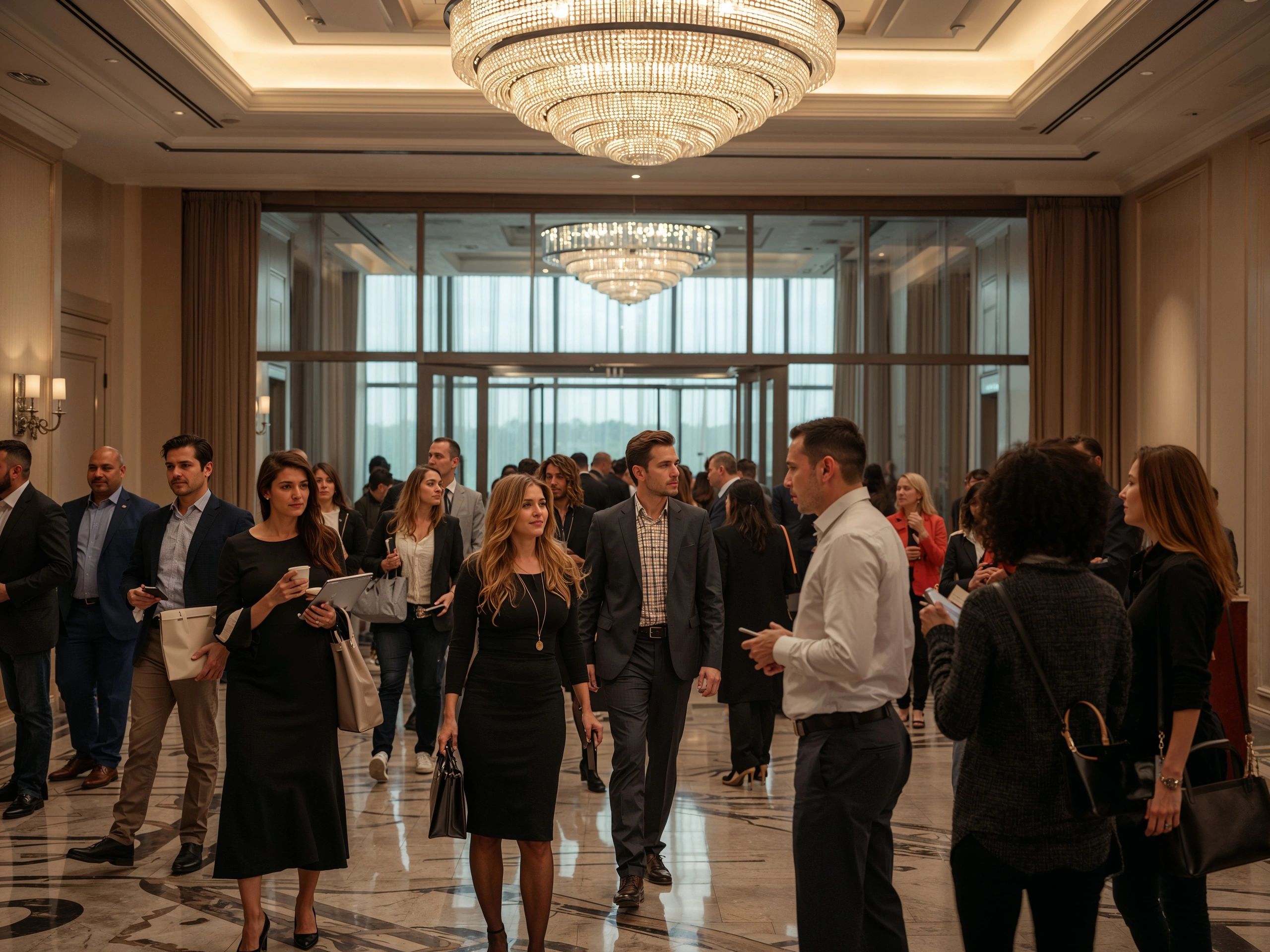 Professionally dressed people networking in a luxurious conference lobby.