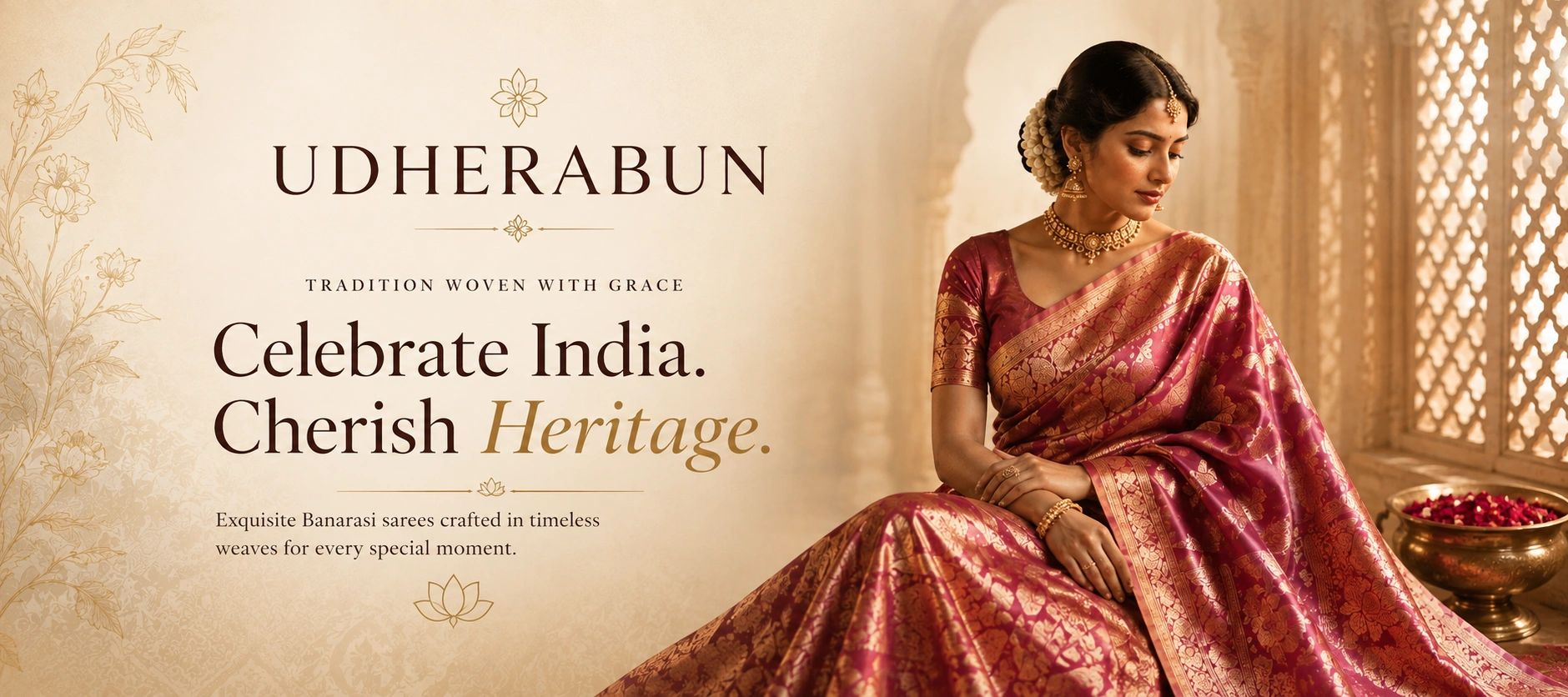 Woman wearing a pink Banarasi silk saree in Udherabun Indian heritage campaign