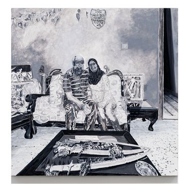 Bride and Groom, Ahmad and Muna 2018, Trophy & Sword, Oil on Wood Panel, 30x30 inch, 2019.
“ Martyr