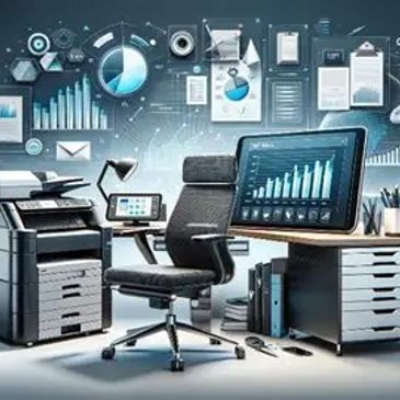 Modern office setup with digital screens displaying graphs and data.