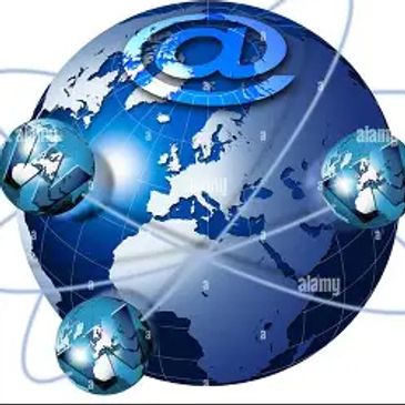 Blue globe with internet symbols and interconnected smaller globes.