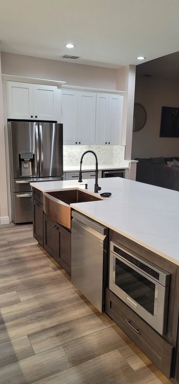 Modern kitchen island with quartz countertop and integrated sink