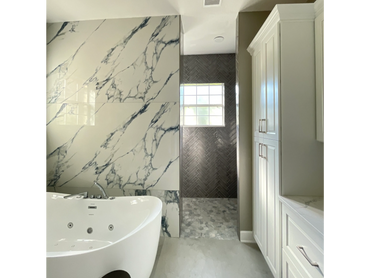 Contemporary bathroom with freestanding tub and walk-in shower