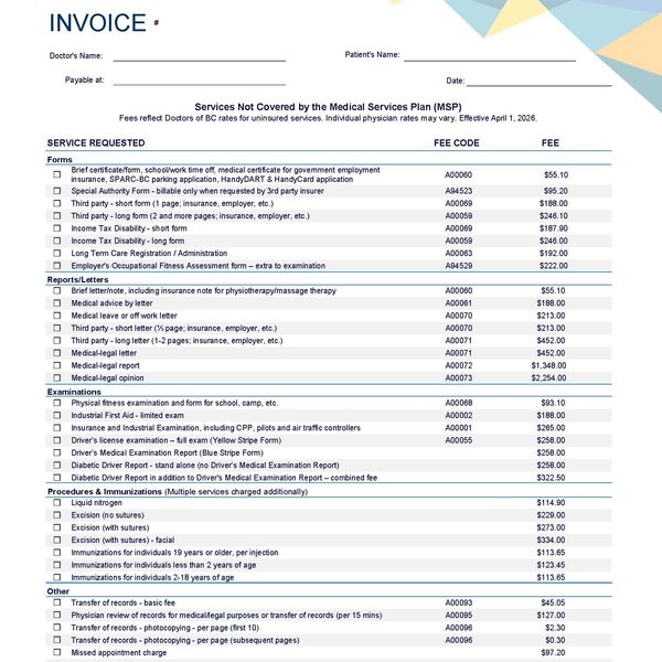 Medical services invoice detailing fees for various forms, reports, exams, and immunizations.