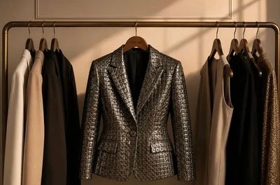 Metallic patterned blazer hanging on a rack.