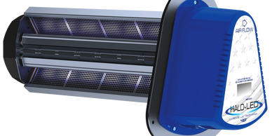 Blue and silver HALO-LED air purification device with visible LED components.