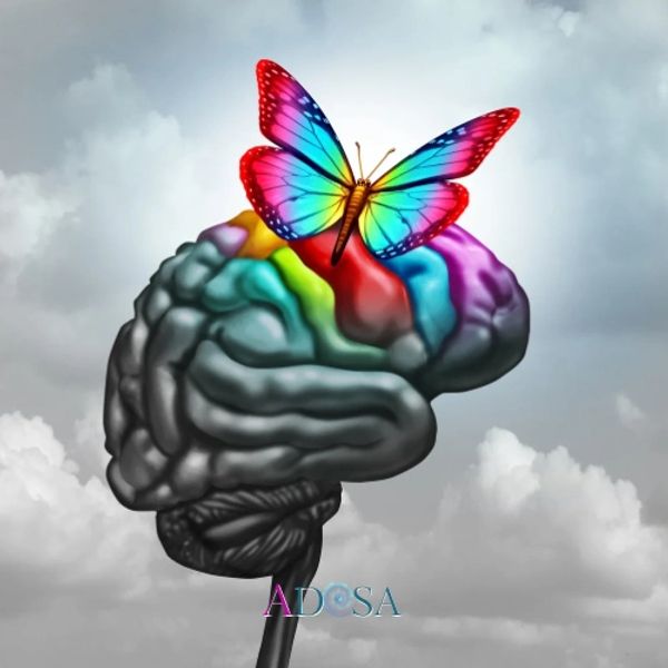 Brain lighting up colours with a butterfly. Tapping to relieve stress and anxiety