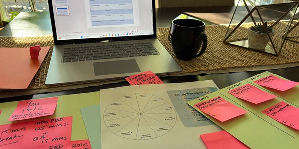 Workspace with laptop, notes, and plant on table.