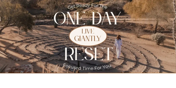 Woman walking in a stone labyrinth in a desert setting with motivational text.
