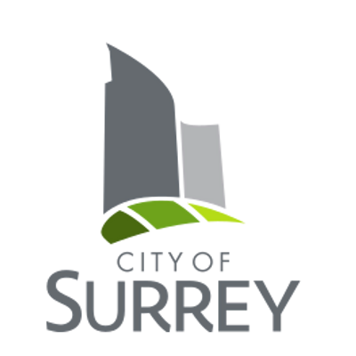 Logo of City of Surrey with stylized buildings and green hills.