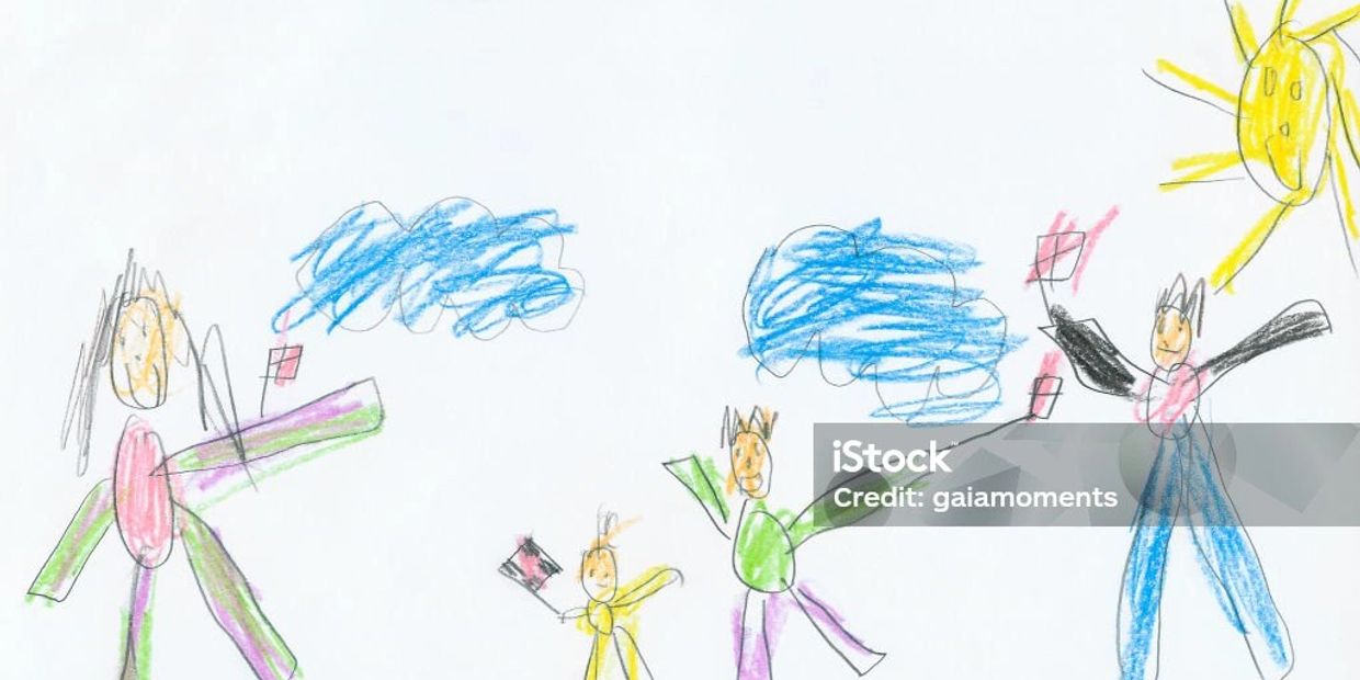 Child's colorful drawing of a happy family under a sunny sky with blue clouds.