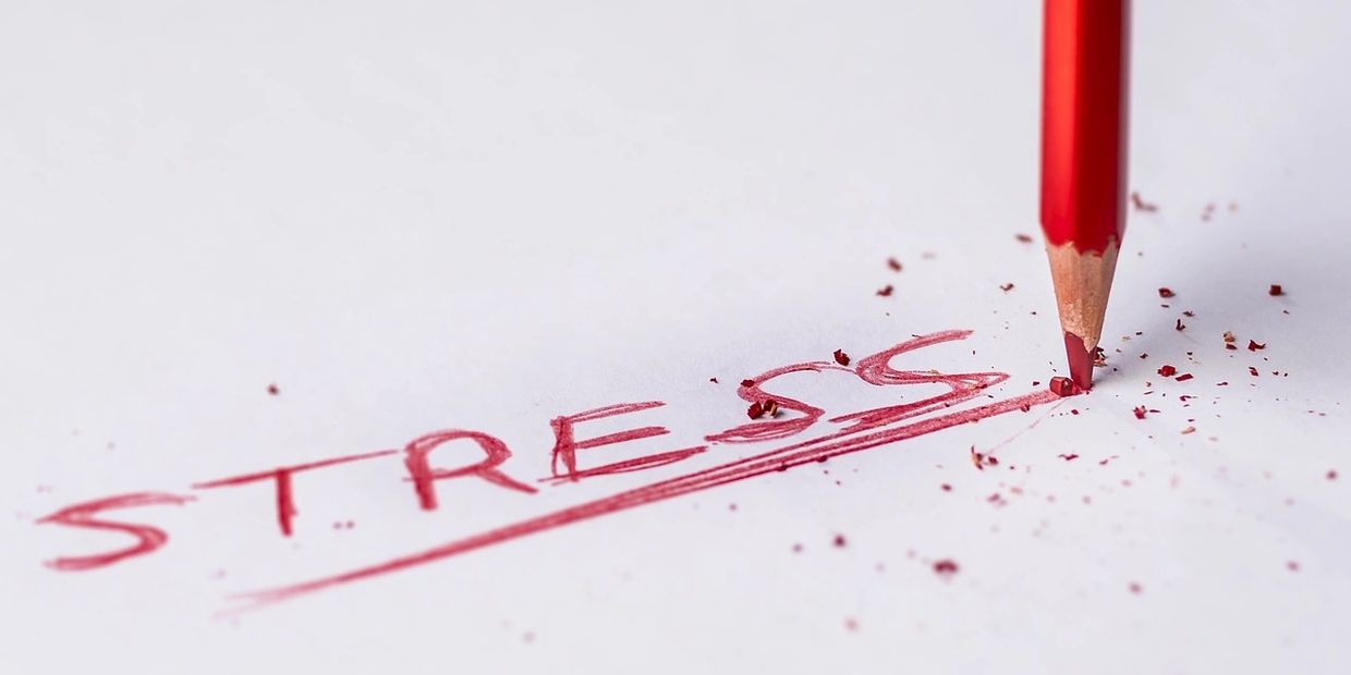 Red pencil underlining the word 'STRESS' on white paper.