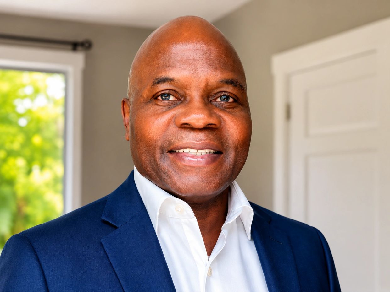 Confident man in a blue suit smiling indoors.