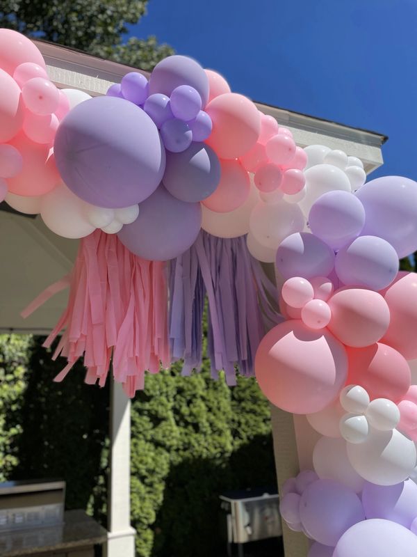 Pink, White, and Purple Outdoor Organic Balloon Garland with Pink and Purple Fringe