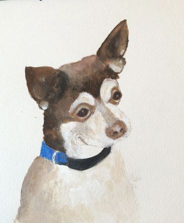 Painting of a small dog with a blue collar looking sideways.