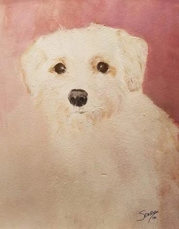 Soft painting of a white dog with dark eyes and nose against a pink background.