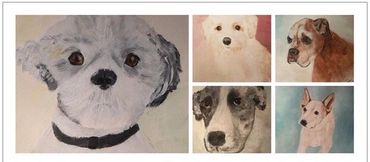 Five painted portraits of different dogs with various expressions and colors.