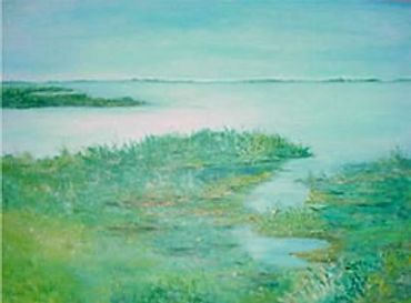 A serene landscape painting of a marsh with soft greens and blues.