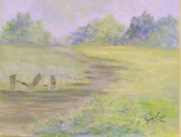 A soft pastel painting of a winding path through a grassy field with distant trees.
