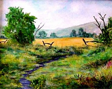 A serene countryside landscape with a winding path and distant hills.