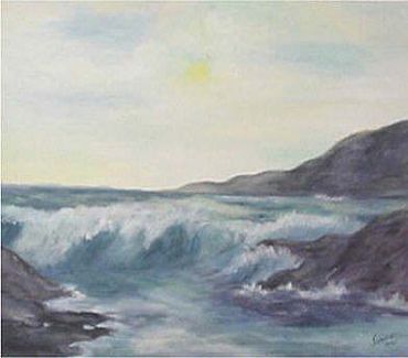 A serene seascape with waves crashing against rocky shores under a soft sky.
