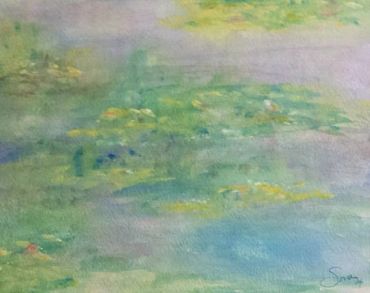 Impressionistic painting of a pond with lily pads in soft pastel colors.