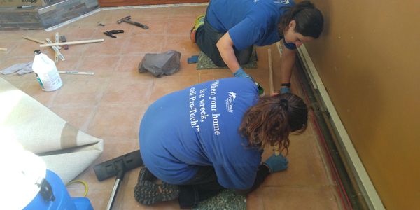 women contractors installing carpet
