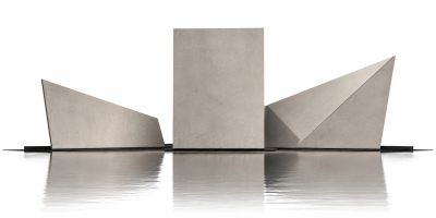 Abstract concrete structure reflected on water.