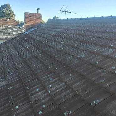 A weathered, mossy tiled roof with a brick chimney and antenna under a clear blue sky.