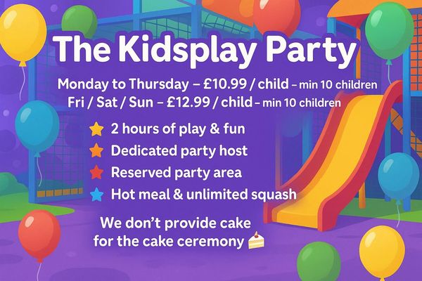 Colorful Kidsplay Party ad with playtime, meal, and party host details.