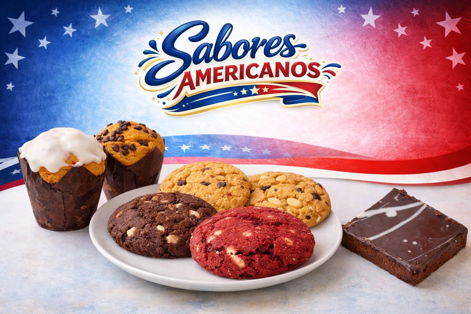 A plate of assorted cookies and muffins with a patriotic American-themed background.