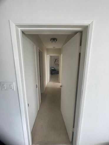 A hallway with multiple white doors aligned and carpet flooring.
