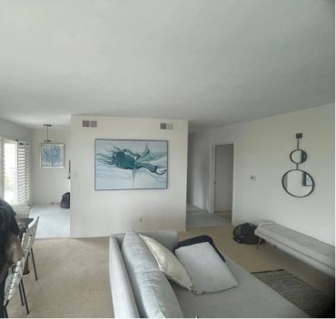 Modern living room with gray sofa, abstract wall art, and minimalist decor.