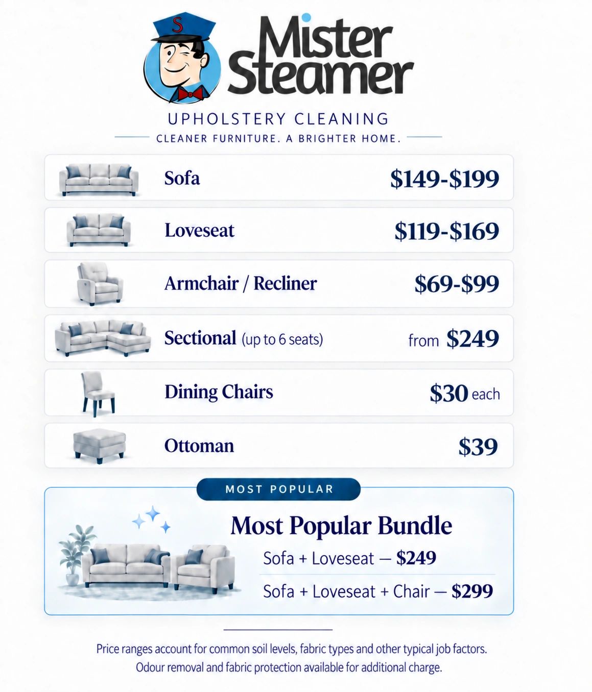 Upholstery cleaning pricing in Windsor-Essex & Chatham-Kent.