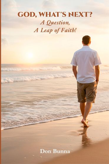 Man walking on beach at sunset with hopeful, faith-inspired book title.