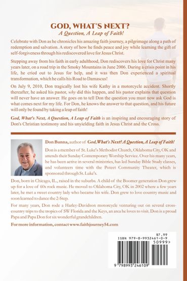Back cover of faith journey book by Don Bunna, sharing his inspiring story of redemption and love for Jesus Christ.