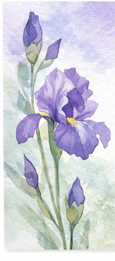 Watercolor painting of a purple iris flower with buds.