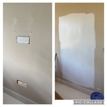 A before and after picture of the wall in the house.