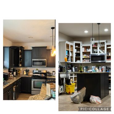 A kitchen with an island and cabinets in it