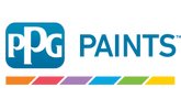 Logo of PPG Paints with colorful stripes beneath.