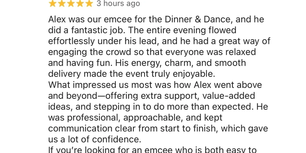 Emcee Singer Alex Tan Sing 5 Star Google Reviews