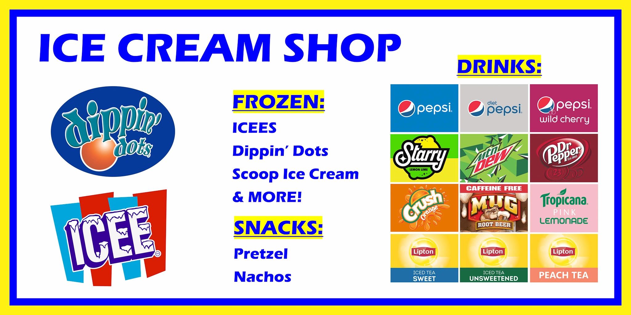 Ice cream shop with different items menu