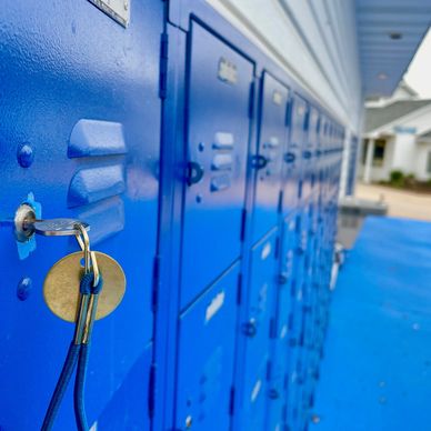 Closeup shot of blue lockers with key
