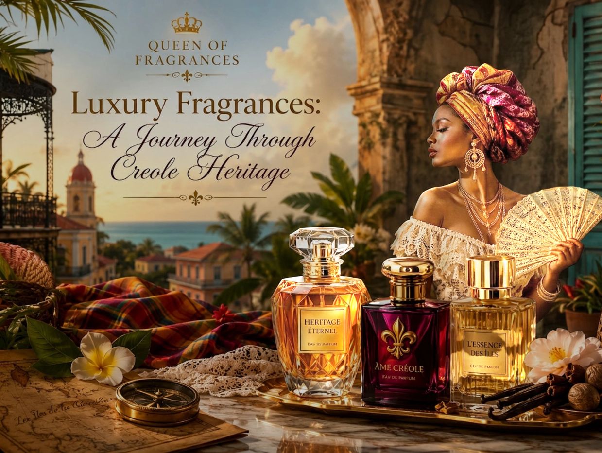 Luxury fragrances inspired by Creole heritage with an elegant woman and vintage setting.