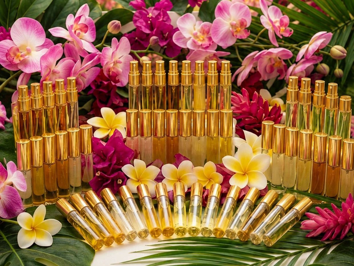 Golden perfume bottles surrounded by vibrant tropical flowers and leaves.