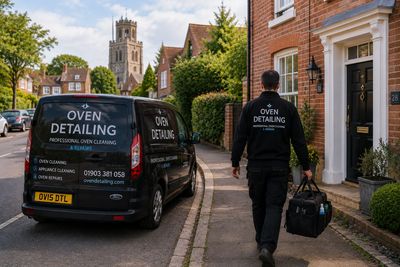 Oven Detailing van arriving outside a Horsham home before an oven cleaning visit