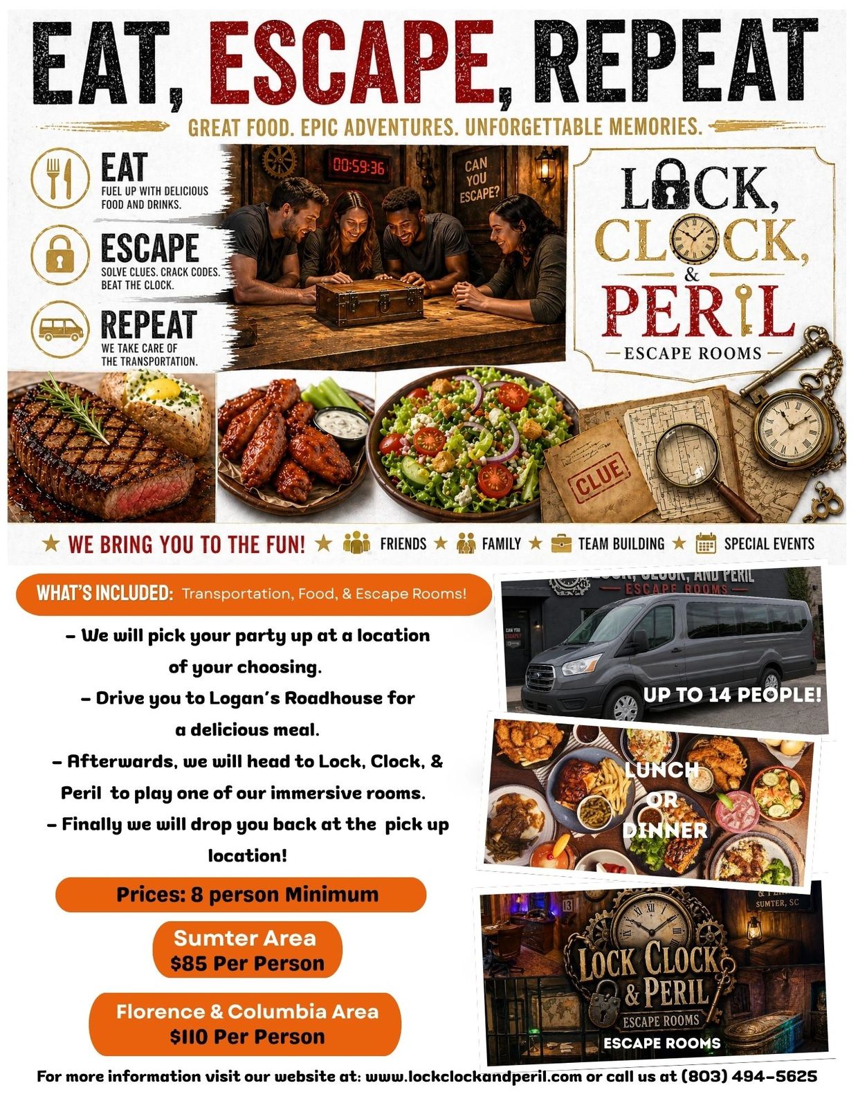 Promotional flyer for Lock, Clock, & Peril Escape Rooms with dining and transportation included.
