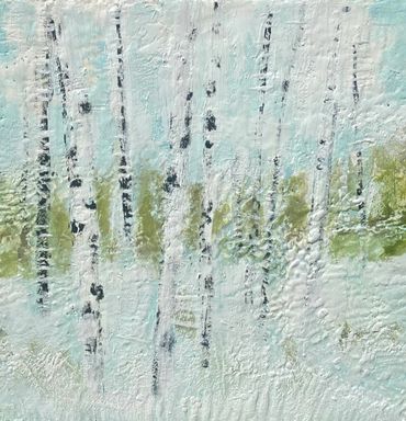 Birch trees, blue, green, contemporary art